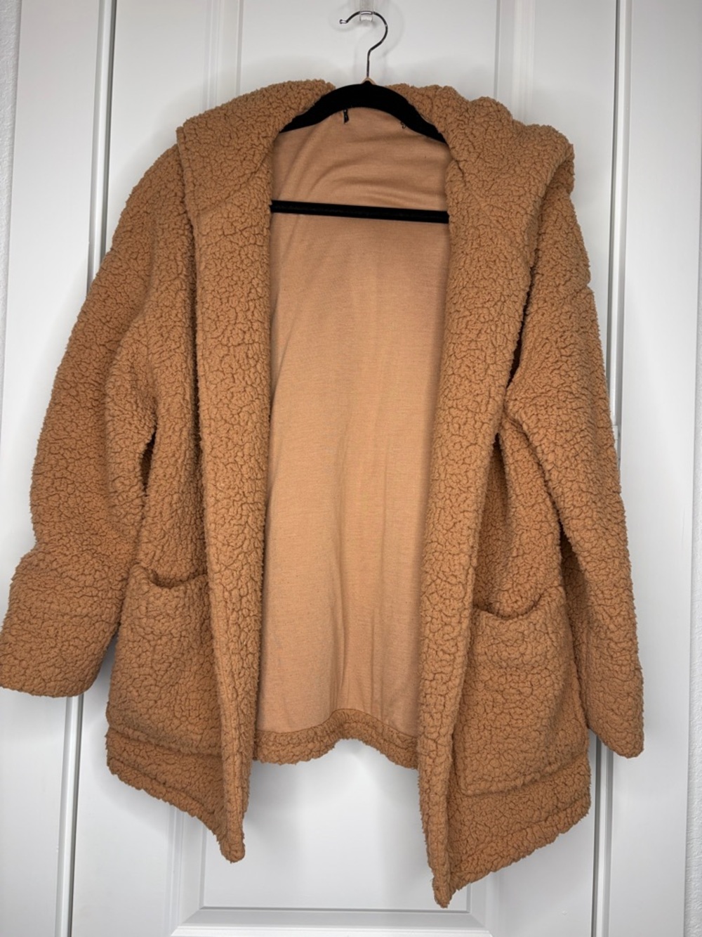 Camel Teddy Sherpa Hooded Coat Oversized Open Front Fleece Jacket Cozy - Picture 3 of 8